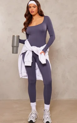 Charcoal Snatched Rib Square Neck Long Sleeve Jumpsuit