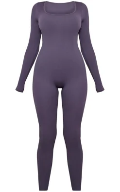 Charcoal Snatched Rib Square Neck Long Sleeve Jumpsuit