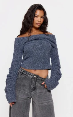 PrettyLittleThing Knitted Tops*Soft Bobble Knit Bardot Foldover Top