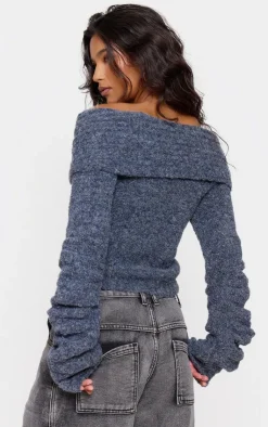 PrettyLittleThing Knitted Tops*Soft Bobble Knit Bardot Foldover Top