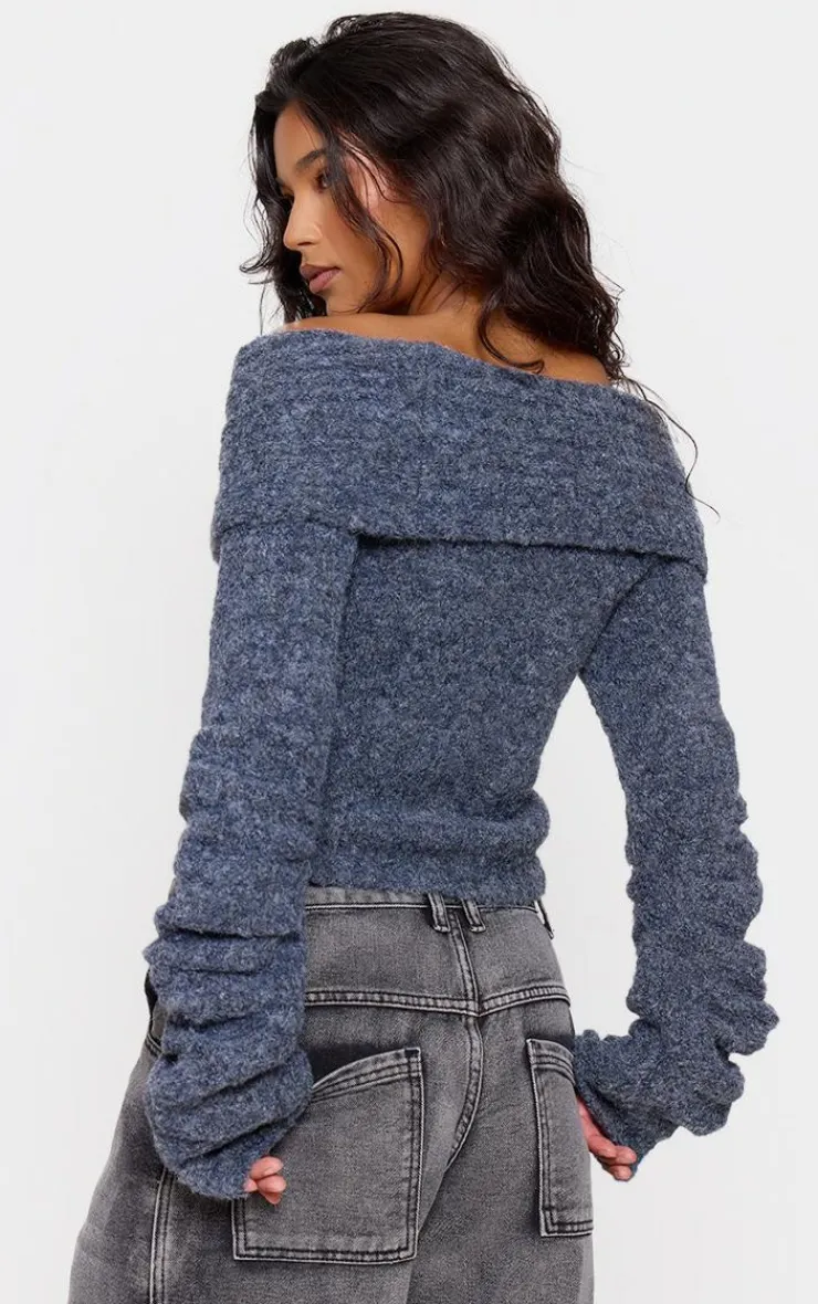 PrettyLittleThing Knitted Tops*Soft Bobble Knit Bardot Foldover Top