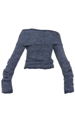 PrettyLittleThing Knitted Tops*Soft Bobble Knit Bardot Foldover Top