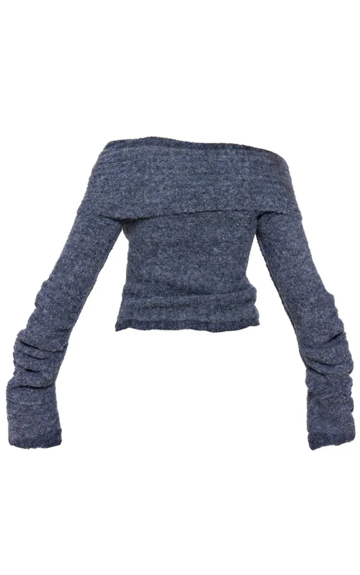 PrettyLittleThing Knitted Tops*Soft Bobble Knit Bardot Foldover Top