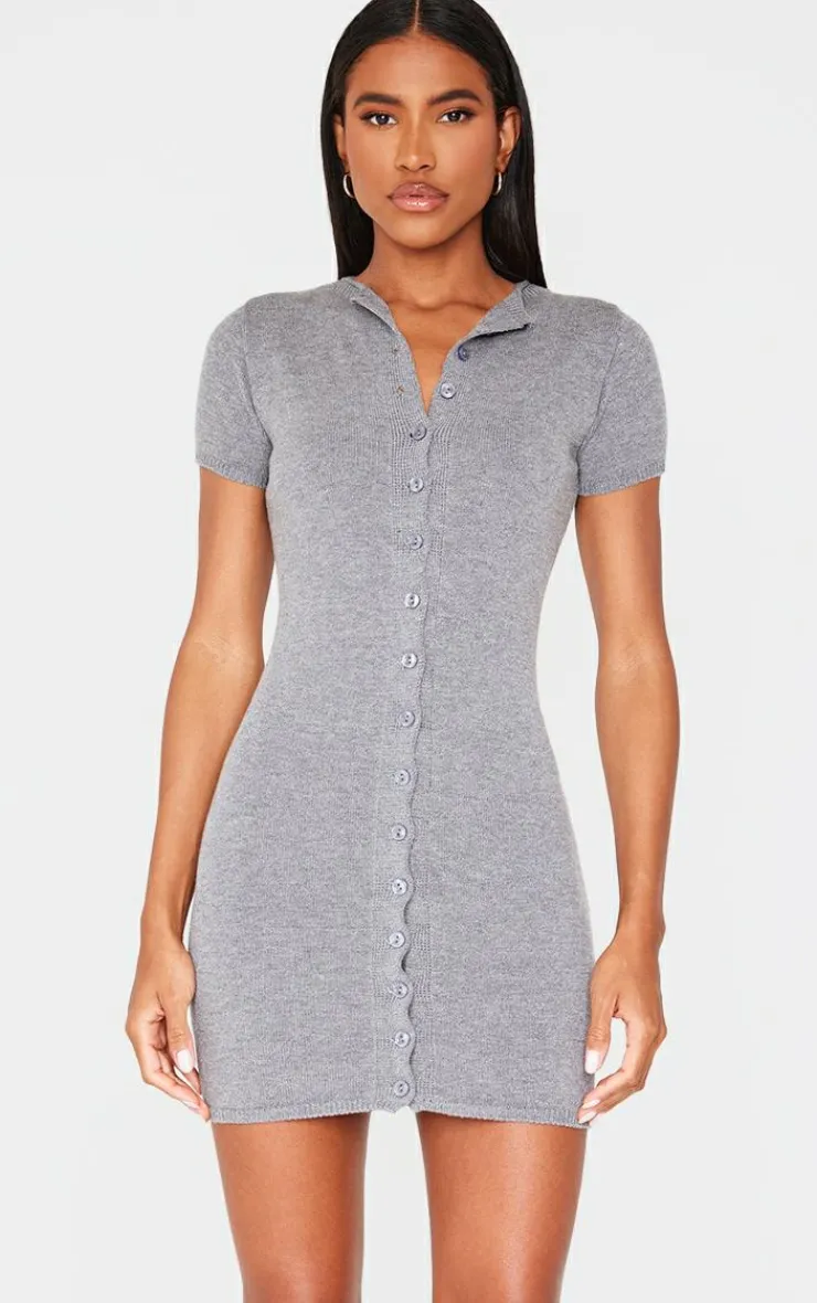 Soft Knit Button Through Mini Dress-PrettyLittleThing Online
