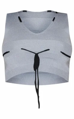 New PrettyLittleThing Soft Knit Contrast Tie Plunge Crop Top Charcoal