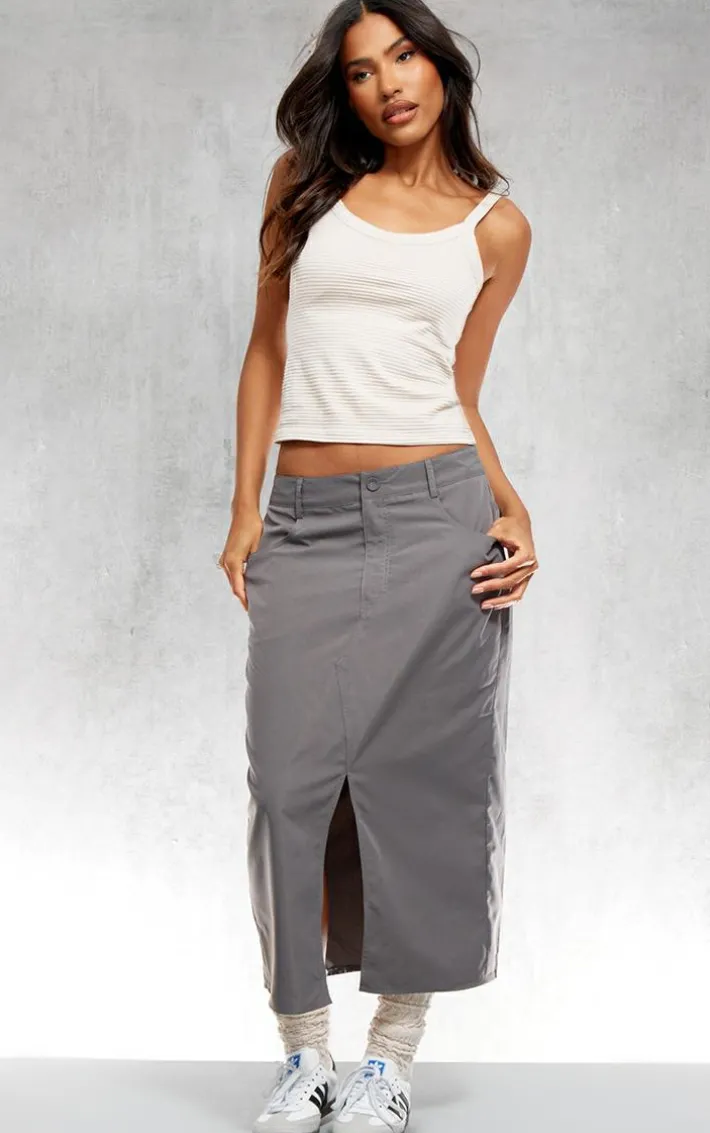 Charcoal Soft Peached Woven Split Front Midi Skirt