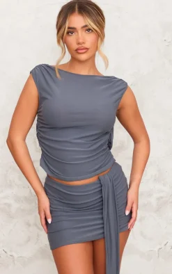 Sale PrettyLittleThing Soft Touch Backless Side Ruched Top Charcoal