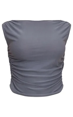Sale PrettyLittleThing Soft Touch Backless Side Ruched Top Charcoal