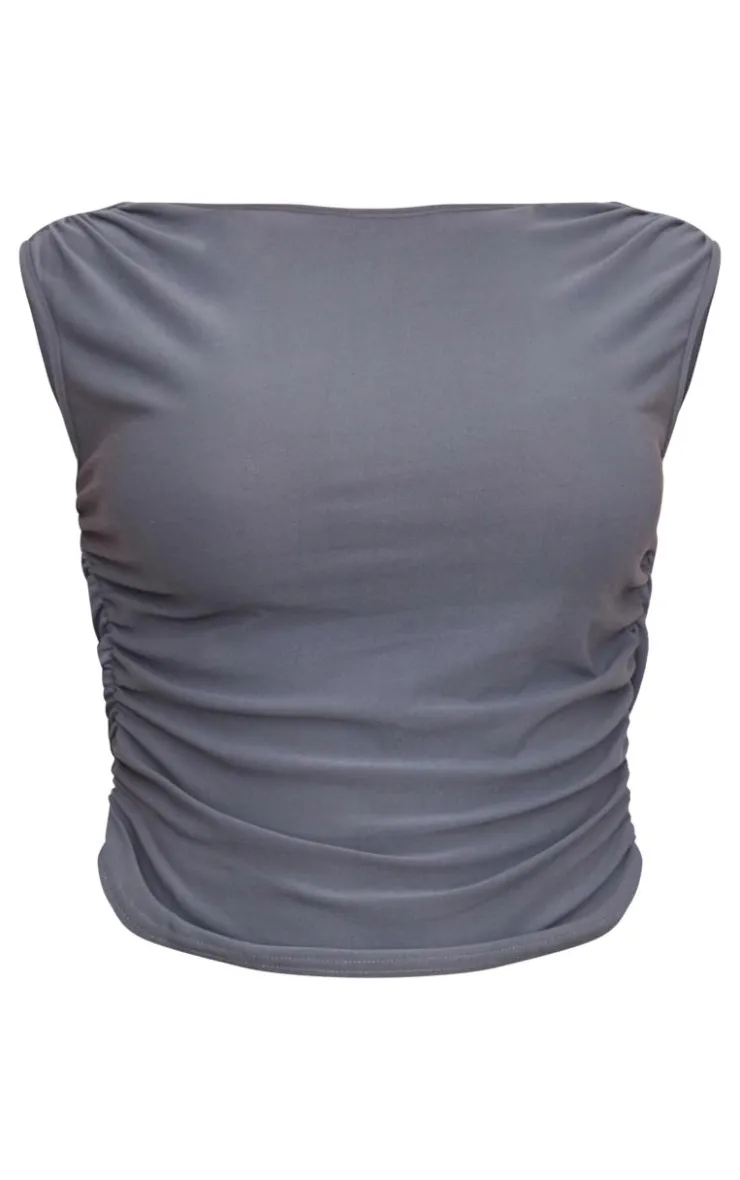 Sale PrettyLittleThing Soft Touch Backless Side Ruched Top Charcoal