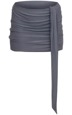 New PrettyLittleThing Soft Touch Ruched Drape Front Mini Skirt Charcoal