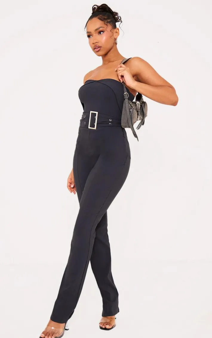 Charcoal Stretch Woven Fold Over Bandeau Belted Jumpsuit