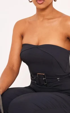 Charcoal Stretch Woven Fold Over Bandeau Belted Jumpsuit