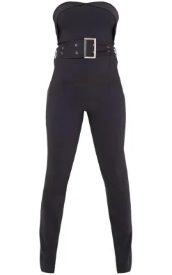 Charcoal Stretch Woven Fold Over Bandeau Belted Jumpsuit