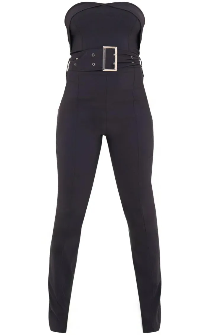 Charcoal Stretch Woven Fold Over Bandeau Belted Jumpsuit