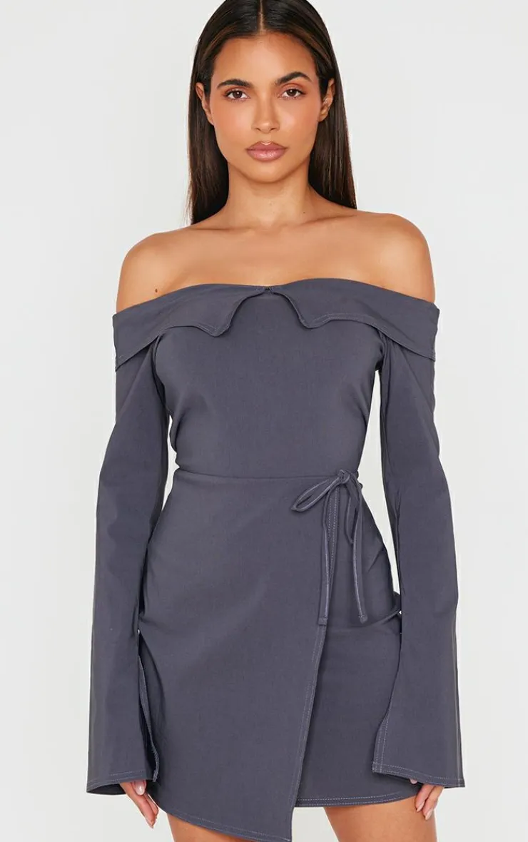 Stretch Woven Fold Bardot Wrap Dress-PrettyLittleThing Outlet