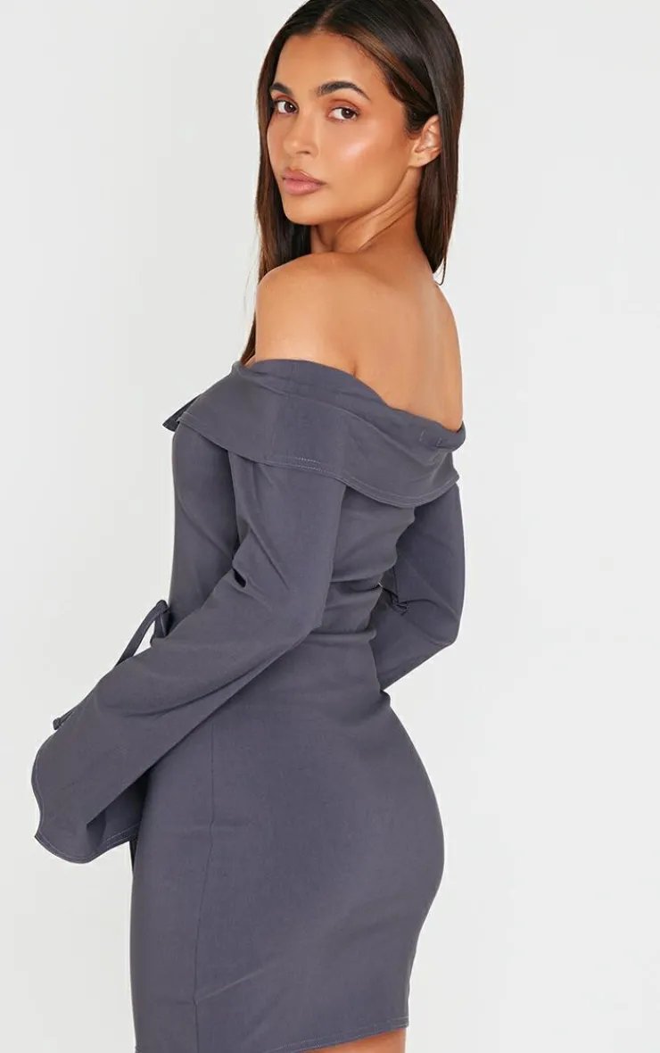 Stretch Woven Fold Bardot Wrap Dress-PrettyLittleThing Outlet