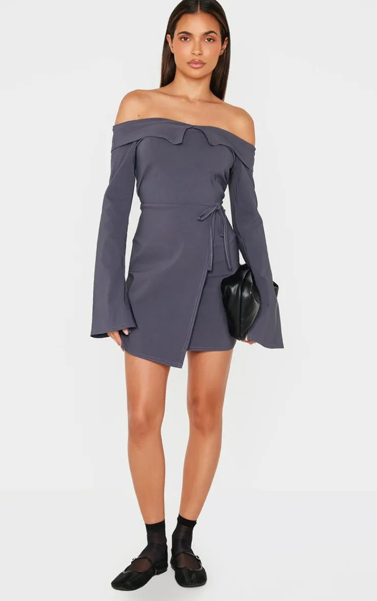 Stretch Woven Fold Bardot Wrap Dress-PrettyLittleThing Outlet