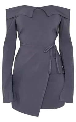 Stretch Woven Fold Bardot Wrap Dress-PrettyLittleThing Outlet
