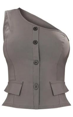 Best PrettyLittleThing Stretch Woven Tailored One Shoulder Button Long Top Charcoal