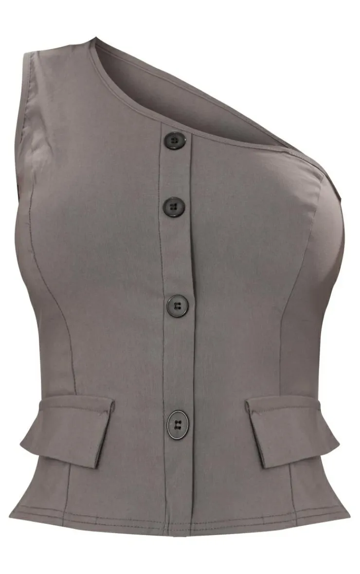 Best PrettyLittleThing Stretch Woven Tailored One Shoulder Button Long Top Charcoal