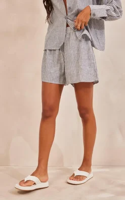 Clearance PrettyLittleThing Stripe Cotton Elasticated Floaty Shorts Charcoal
