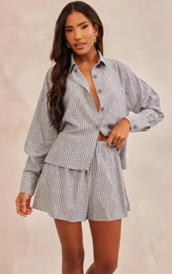 Clearance PrettyLittleThing Stripe Cotton Elasticated Floaty Shorts Charcoal
