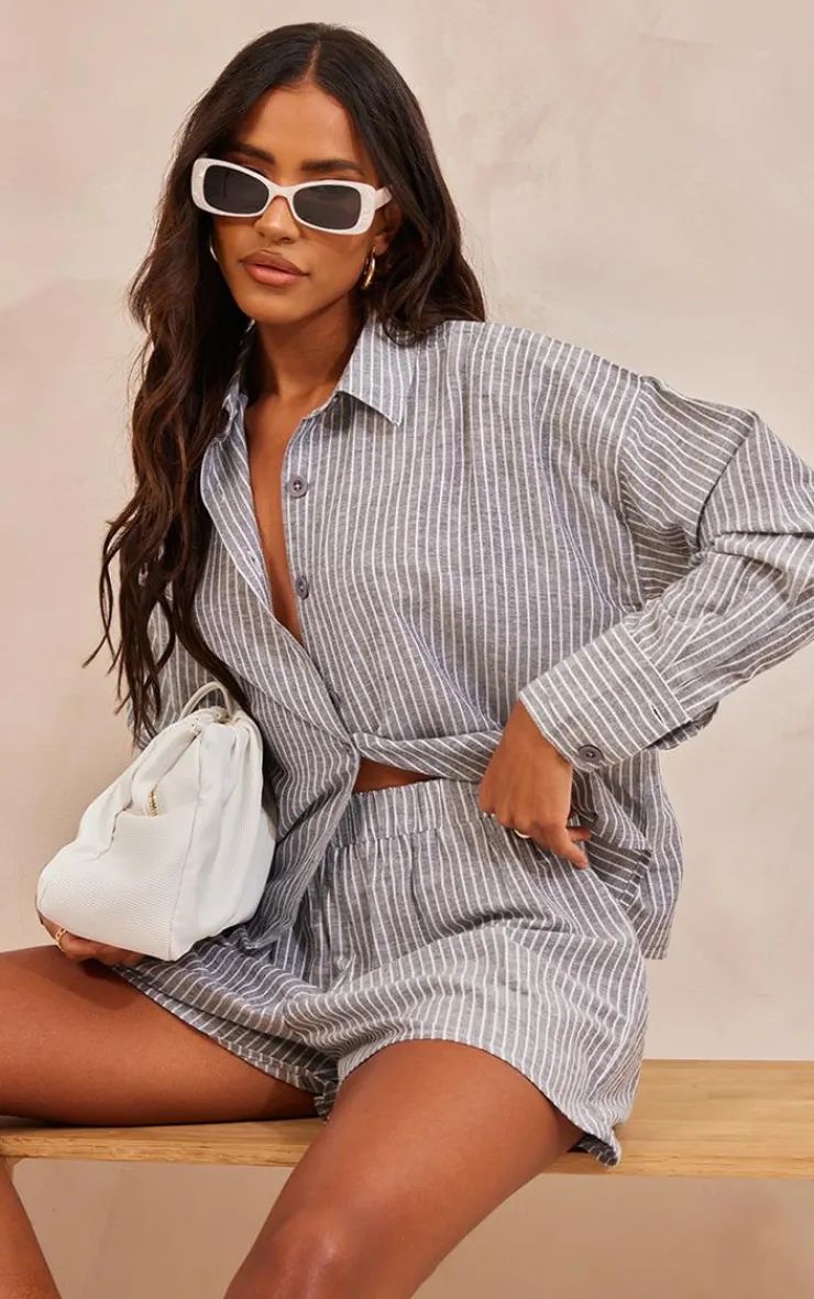 Best PrettyLittleThing Stripe Cotton Oversized Button Up Shirt Charcoal