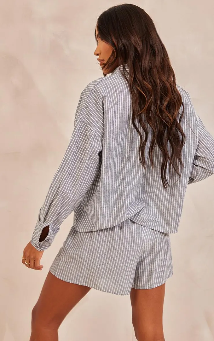Best PrettyLittleThing Stripe Cotton Oversized Button Up Shirt Charcoal