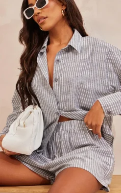 Best PrettyLittleThing Stripe Cotton Oversized Button Up Shirt Charcoal