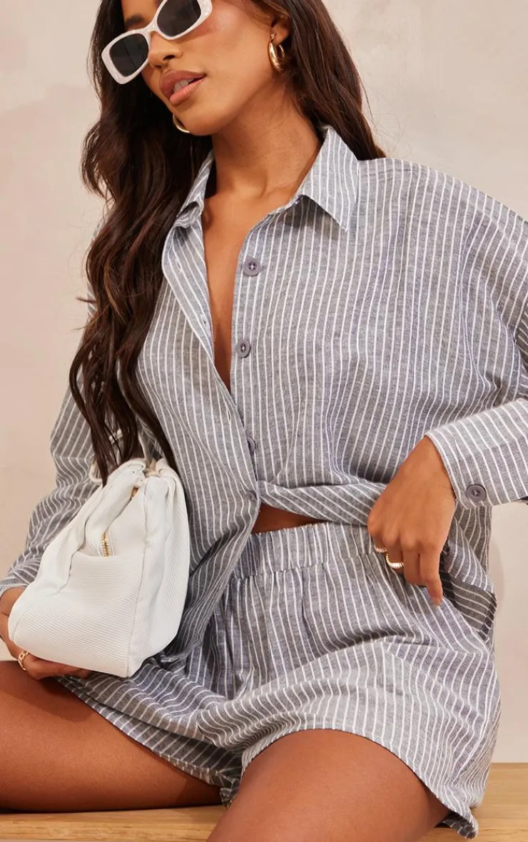 Best PrettyLittleThing Stripe Cotton Oversized Button Up Shirt Charcoal