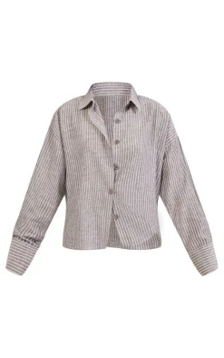 Best PrettyLittleThing Stripe Cotton Oversized Button Up Shirt Charcoal