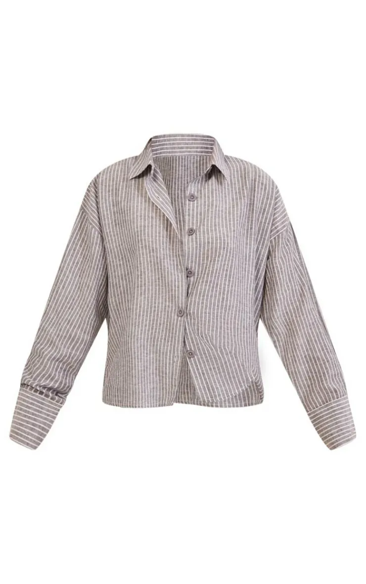 Best PrettyLittleThing Stripe Cotton Oversized Button Up Shirt Charcoal