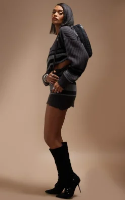 New PrettyLittleThing Stripes Raw Edge Knit Micro Mini Skirt Charcoal