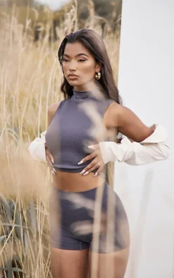 Sale PrettyLittleThing Structured Contour Sleeveless High Neck Crop Top Charcoal