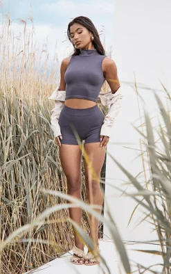 Sale PrettyLittleThing Structured Snatched Rib Hot Pants Charcoal