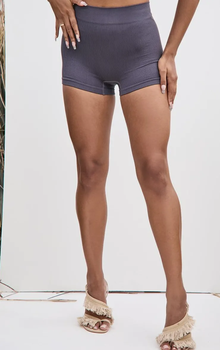 Sale PrettyLittleThing Structured Snatched Rib Hot Pants Charcoal