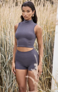 Sale PrettyLittleThing Structured Snatched Rib Hot Pants Charcoal