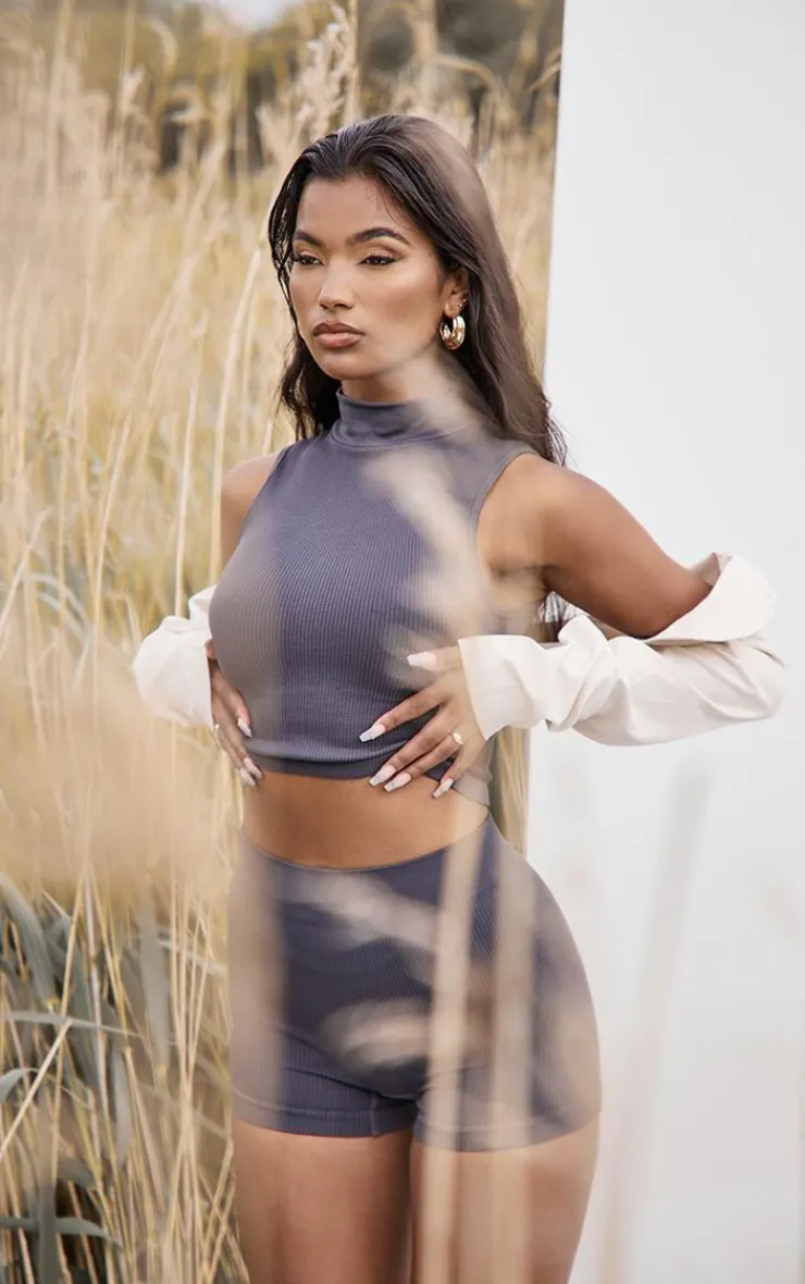Sale PrettyLittleThing Structured Snatched Rib Hot Pants Charcoal