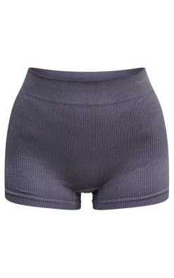 Sale PrettyLittleThing Structured Snatched Rib Hot Pants Charcoal