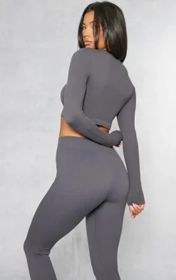 Hot PrettyLittleThing Charcoal Structured Snatched Ribbed Round Neck Long Sleeve Crop Top Charcoal Grey