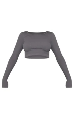Hot PrettyLittleThing Charcoal Structured Snatched Ribbed Round Neck Long Sleeve Crop Top Charcoal Grey