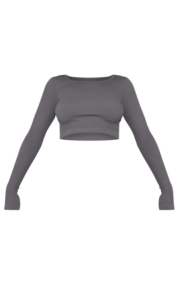 Hot PrettyLittleThing Charcoal Structured Snatched Ribbed Round Neck Long Sleeve Crop Top Charcoal Grey
