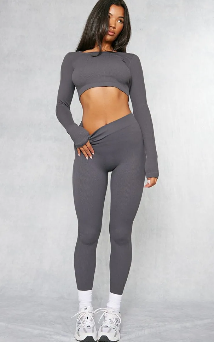 Clearance PrettyLittleThing Charcoal Structured Snatched Ribbed Leggings Charcoal Grey