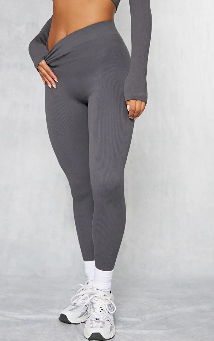 Clearance PrettyLittleThing Charcoal Structured Snatched Ribbed Leggings Charcoal Grey
