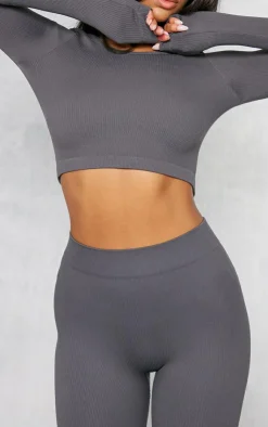 Clearance PrettyLittleThing Charcoal Structured Snatched Ribbed Leggings Charcoal Grey
