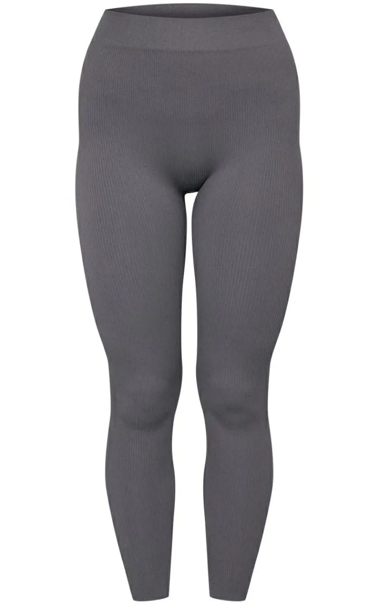 Clearance PrettyLittleThing Charcoal Structured Snatched Ribbed Leggings Charcoal Grey