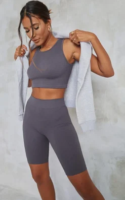 Discount PrettyLittleThing Charcoal Structured Snatched Rib Sleeveless Crop Top Charcoal Grey