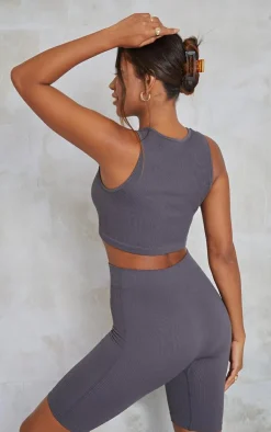 Discount PrettyLittleThing Charcoal Structured Snatched Rib Sleeveless Crop Top Charcoal Grey