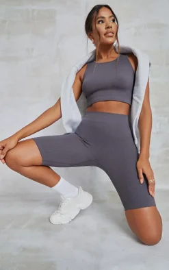 Discount PrettyLittleThing Charcoal Structured Snatched Rib Sleeveless Crop Top Charcoal Grey