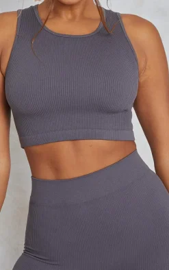 Discount PrettyLittleThing Charcoal Structured Snatched Rib Sleeveless Crop Top Charcoal Grey